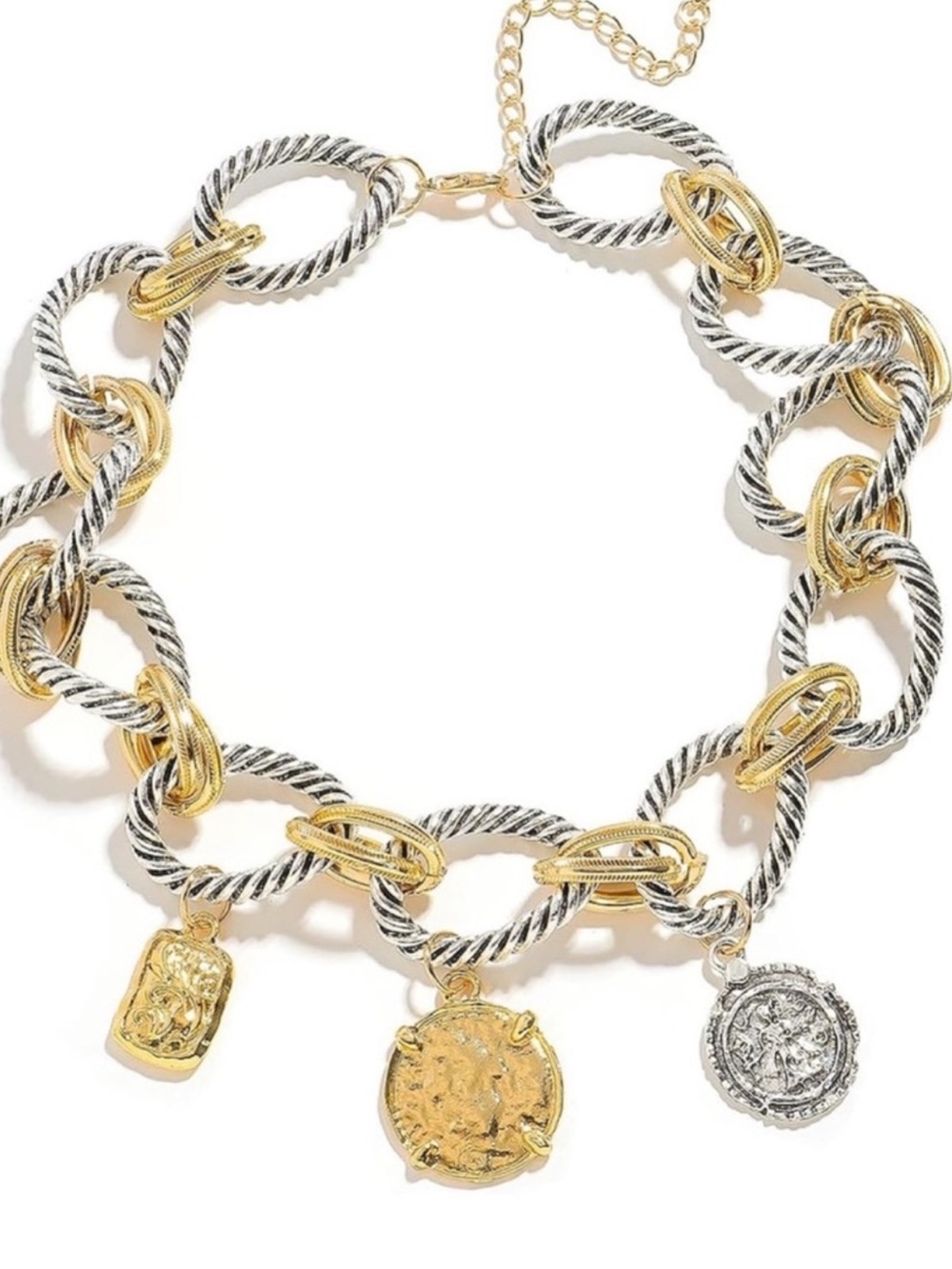 Two Tone Chunky Chain Charm Necklace Gold Silver Coin Statement Jewelry